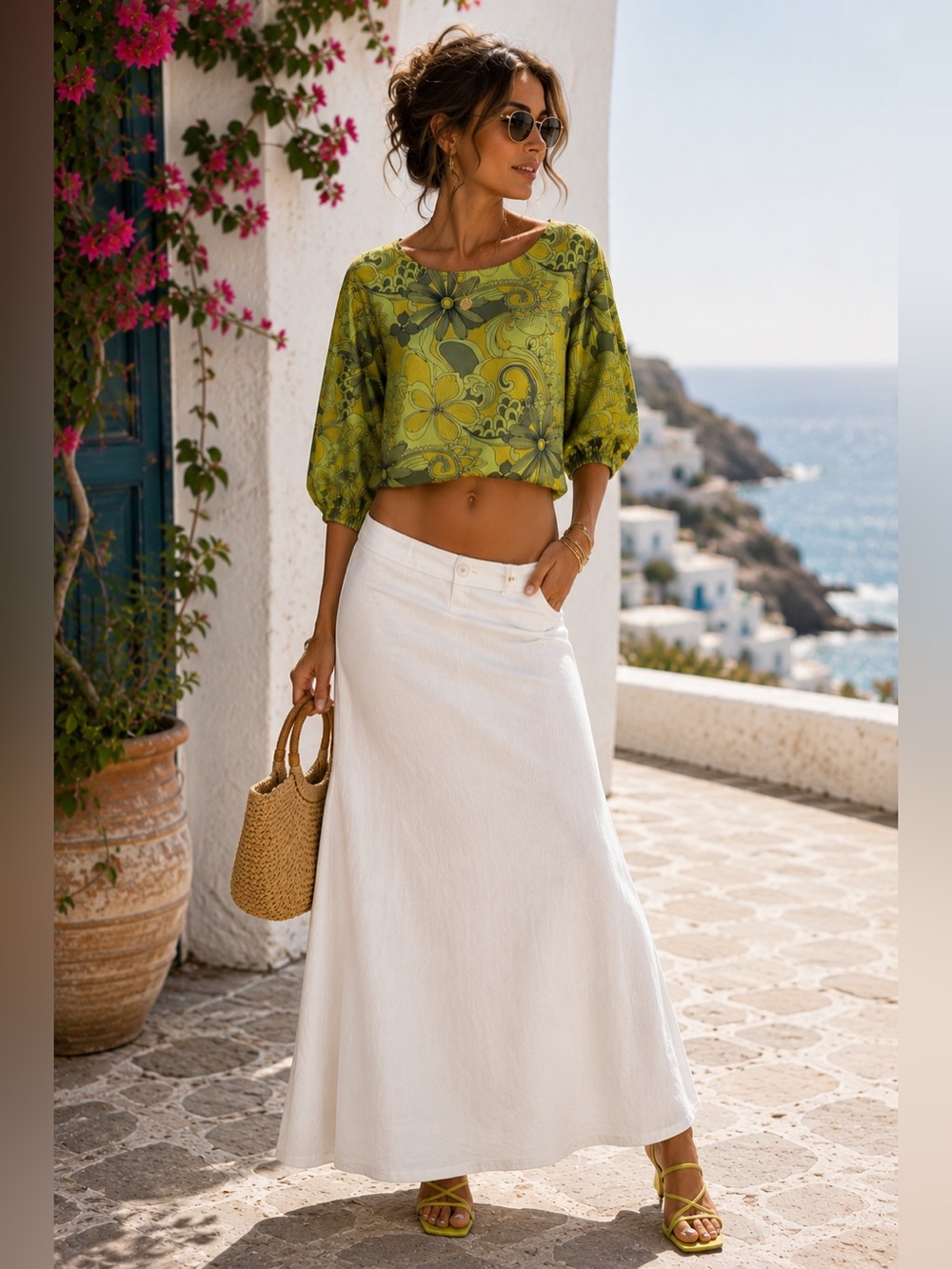 Bryn Walker Chartreuse Green Floral Dolman Crop 1/2 SleeveCotton Top Size Medium